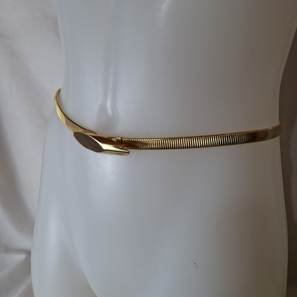 Vintage Metal Elegant Gold Tone Skinny Belt Glam Fancy Accent Stretchy Belt